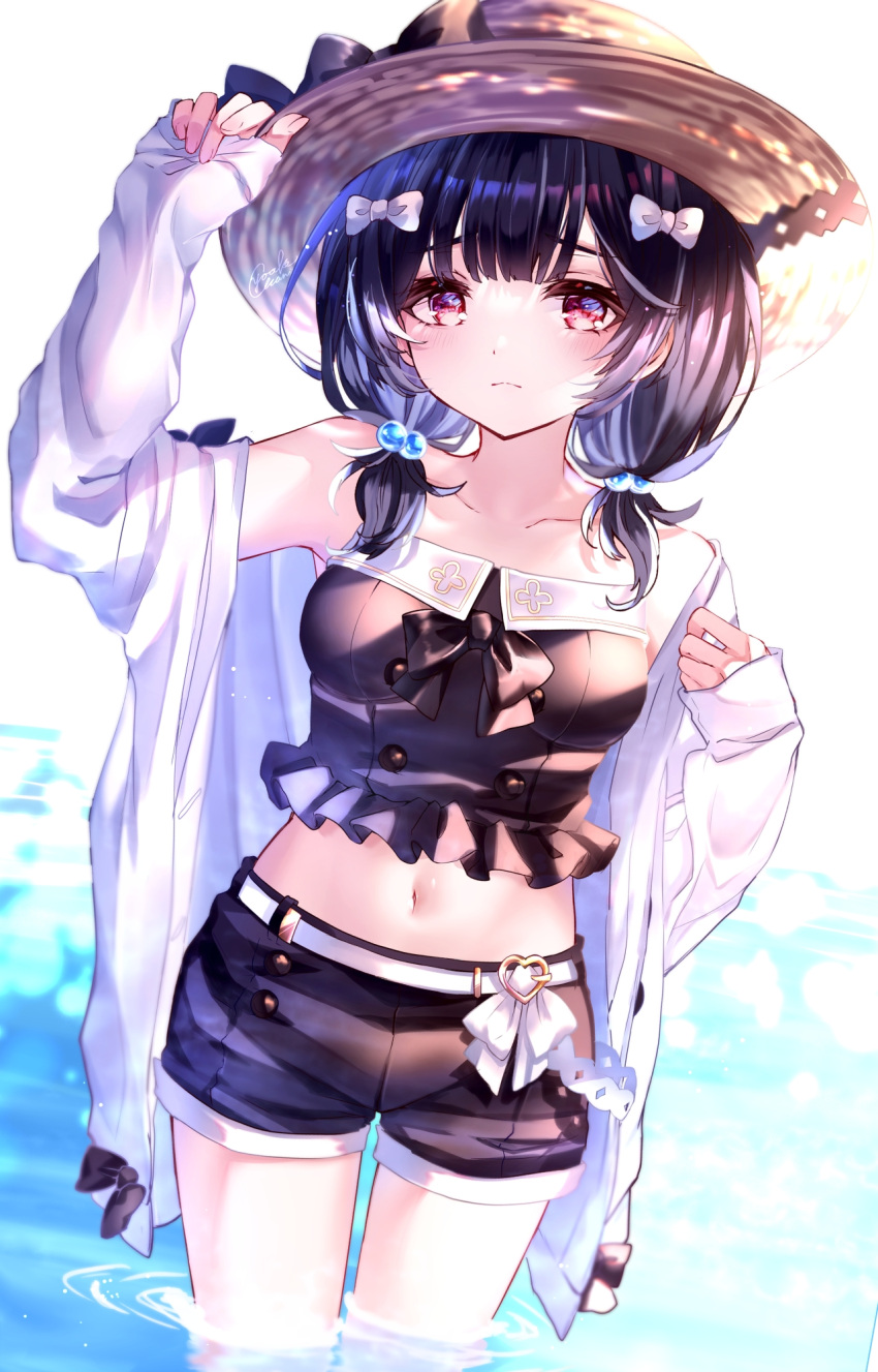 1girl bangs bare_shoulders belt black_hair black_shirt black_shorts bow breasts closed_mouth collarbone frown granblue_fantasy hair_bobbles hair_bow hair_ornament hand_on_headwear hat highres jacket long_sleeves looking_at_viewer low_twintails midriff navel off_shoulder purple_eyes shirt short_twintails shorts sleeves_past_wrists small_breasts solo strapless strapless_shirt straw_hat swimsuit twintails vikala_(granblue_fantasy) wading water white_jacket yoake