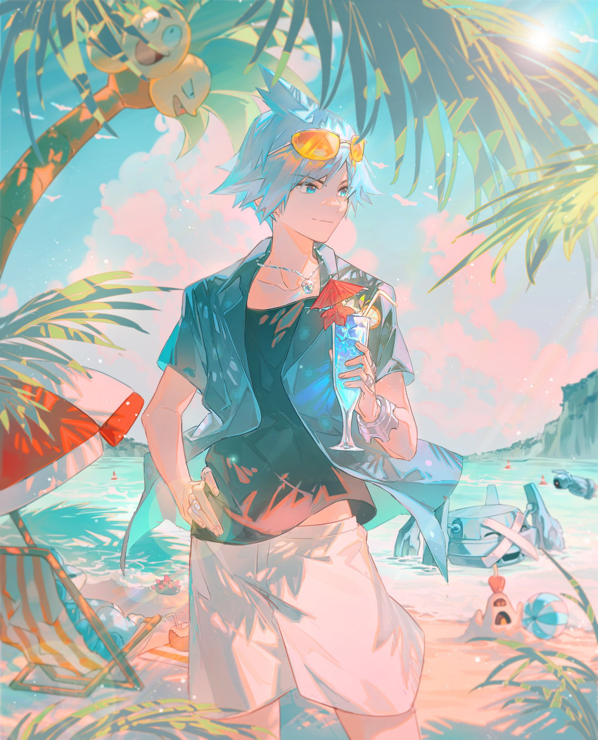 1boy alolan_exeggutor alolan_sandslash bakutiku ball bangs beachball beldum blue_eyes blue_hair bracelet closed_mouth cloud day eyewear_on_head hand_on_hip highres holding jewelry looking_to_the_side male_focus metagross necklace official_alternate_costume orange-tinted_eyewear outdoors pokemon pokemon_(game) pokemon_masters_ex ring sand sandygast shirt shore short_hair shorts sky smile spiked_hair standing steven_stone sunglasses symbol-only_commentary tinted_eyewear undershirt water