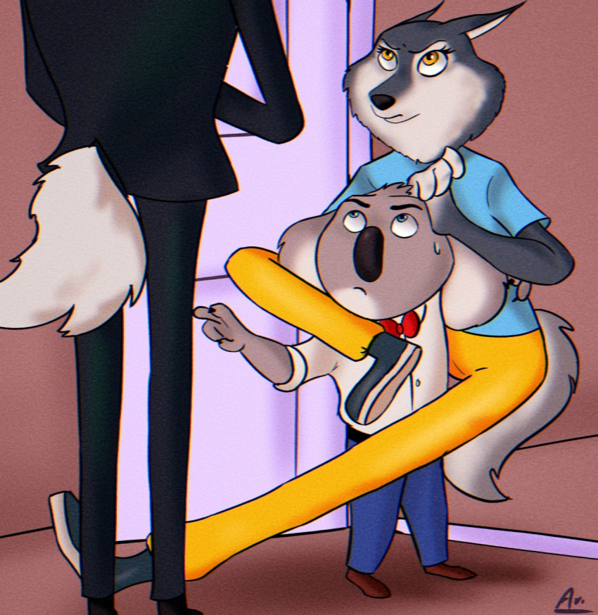 anthro arctic_wolf aronair bottomwear bow_tie buster_moon canid canine canis clothing door female group hi_res humor illumination_entertainment inside jimmy_crystal koala long_legs male mammal marsupial pants porsha_crystal sing_(movie) size_difference suit trio vombatiform wolf