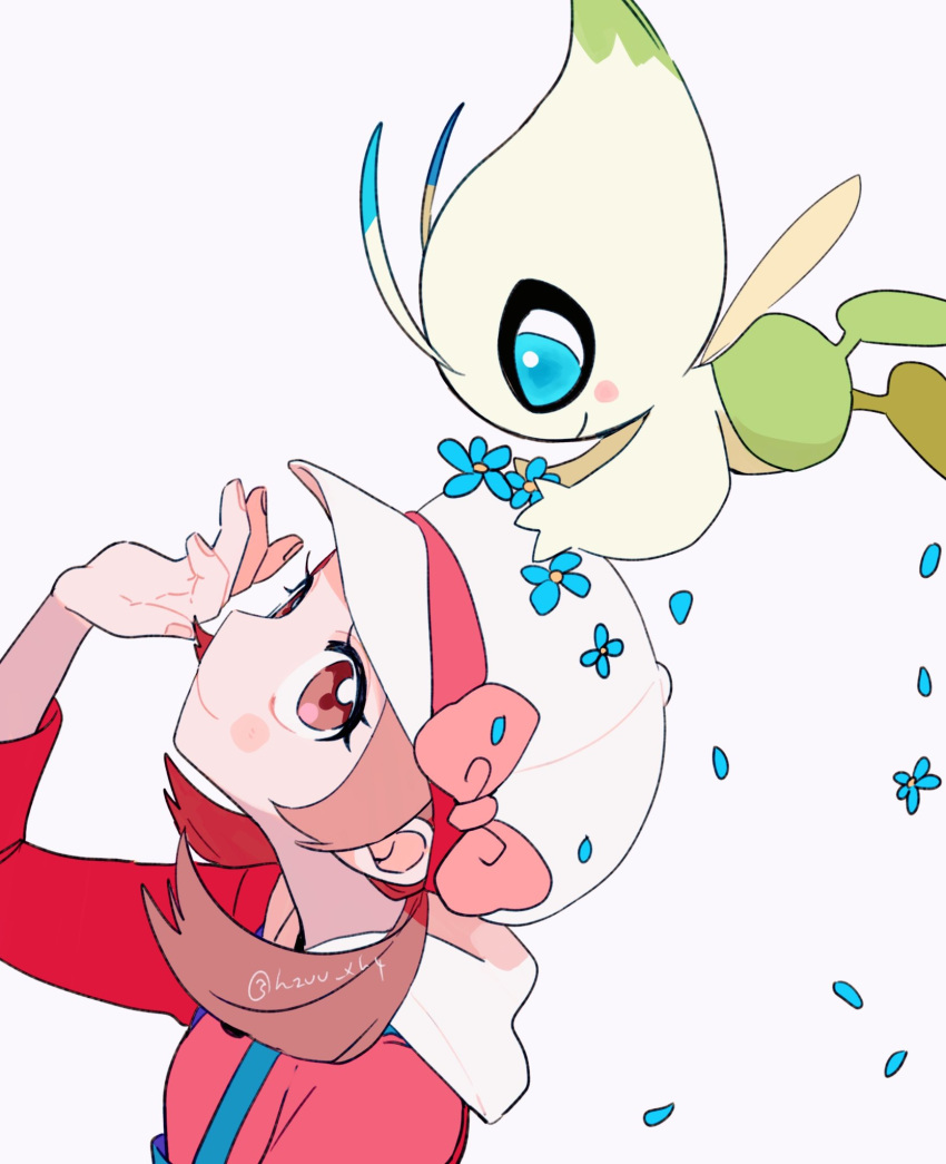 1girl blue_flower blush_stickers bow brown_eyes brown_hair cabbie_hat celebi closed_mouth commentary_request eyelashes falling_petals flower hand_up hat hat_bow highres long_hair looking_up lyra_(pokemon) momotose_(hzuu_xh4) petals pokemon pokemon_(creature) pokemon_(game) pokemon_hgss red_shirt shirt simple_background sleeves_past_elbows smile twintails twitter_username white_background white_headwear