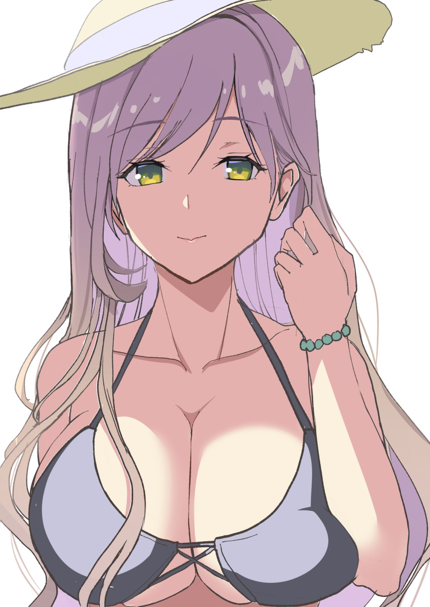 1girl absurdres amisu bikini black_bikini bracelet breasts brown_hair cleavage closed_mouth hat highres hijiri_byakuren jewelry large_breasts long_hair looking_at_viewer one-hour_drawing_challenge purple_hair simple_background smile solo swimsuit touhou upper_body white_background yellow_eyes