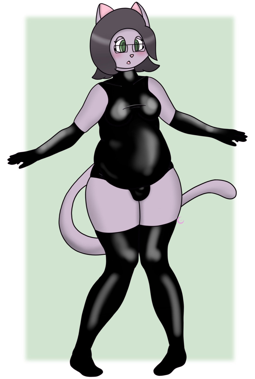 anthro blush bulge clothing embarrassed eyewear felid feline glasses gloves graycatluna green_eyes gynomorph handwear helena_(graycatluna) hi_res intersex latex_clothing latex_gloves latex_legwear latex_stockings mammal overweight overweight_gynomorph overweight_intersex shy solo