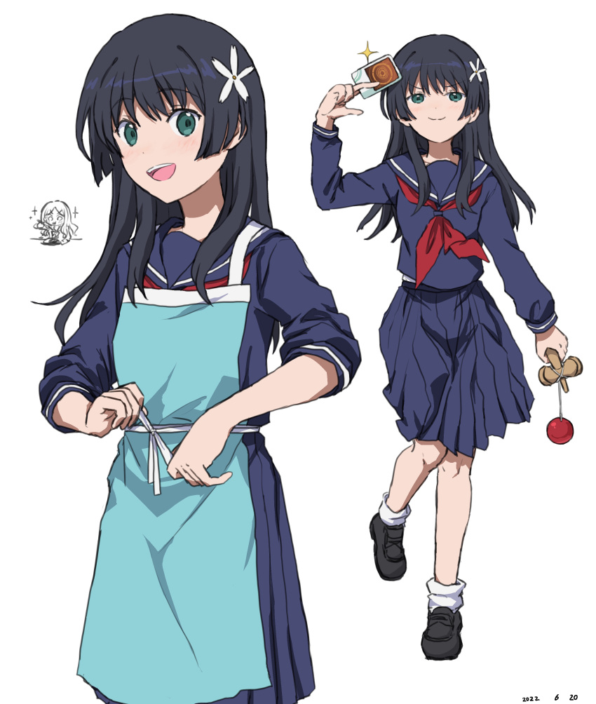 1girl absurdres apron bangs black_hair closed_mouth commentary_request flower frenda_seivelun green_eyes hair_flower hair_ornament highres long_hair open_mouth pleated_skirt sakugawa_school_uniform saten_ruiko school_uniform serafuku skirt smile standing standing_on_one_leg takatisakana toaru_kagaku_no_railgun toaru_majutsu_no_index winter_uniform