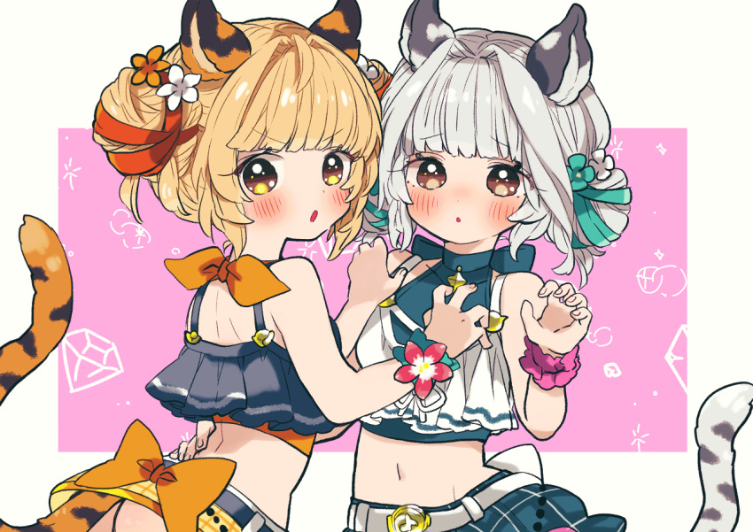 2girls :o alternate_costume alternate_hairstyle animal_ears bai_(granblue_fantasy) bangs bare_shoulders belt bikini blonde_hair blush breasts brown_eyes cidala_(granblue_fantasy) claw_pose double_bun frilled_bikini frills granblue_fantasy grey_hair hair_bun hair_intakes hand_on_another's_shoulder huang_(granblue_fantasy) looking_at_viewer multiple_girls navel open_mouth osakana_(rrg0123) raised_eyebrows scrunchie short_hair small_breasts swimsuit tail tiger_ears tiger_girl tiger_tail upper_body v-shaped_eyebrows wrist_scrunchie yellow_eyes