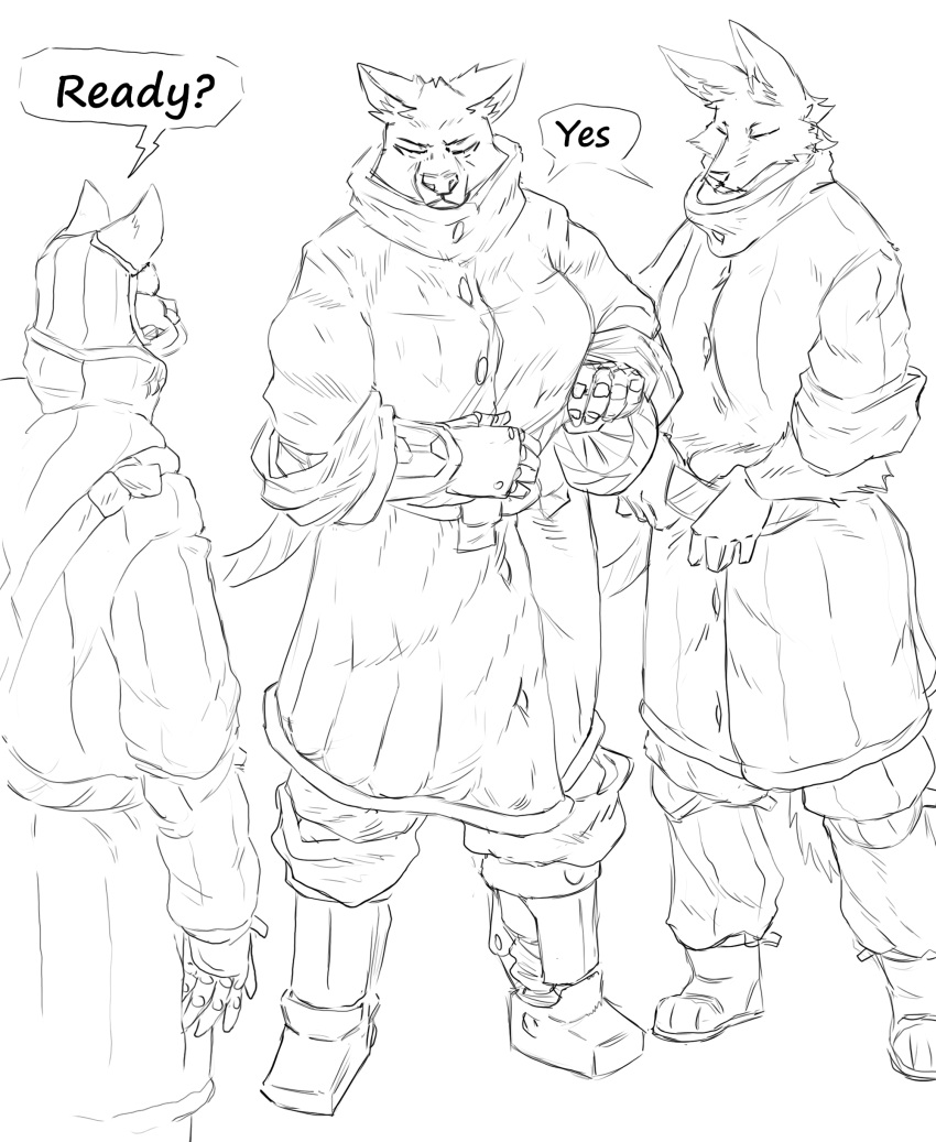 absurd_res anthro canid dialogue female fifty_seventh_(kofomy) fifty_sixth_(kofomy) group hi_res kofomy male mammal monochrome prosthetic prosthetic_arm prosthetic_leg prosthetic_limb speech_bubble trio