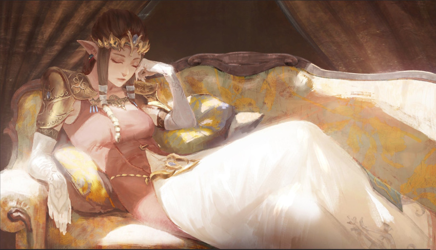 1girl arm_rest armor blonde_hair blue_gemstone breasts brown_hair closed_eyes closed_mouth commentary couch curtains day dress earrings elbow_gloves elbow_rest english_commentary eyelashes feet_out_of_frame gem gloves hair_ribbon hand_on_own_face hand_up head_rest highres indoors jewelry knee_up layered_dress long_hair lying minami_cha on_back on_couch pauldrons pillow pointy_ears princess_zelda print_gloves reclining ribbon shoulder_armor sidelocks sleeping sleeping_upright sleeveless sleeveless_dress small_breasts solo sunlight the_legend_of_zelda the_legend_of_zelda:_twilight_princess tiara tress_ribbon white_gloves