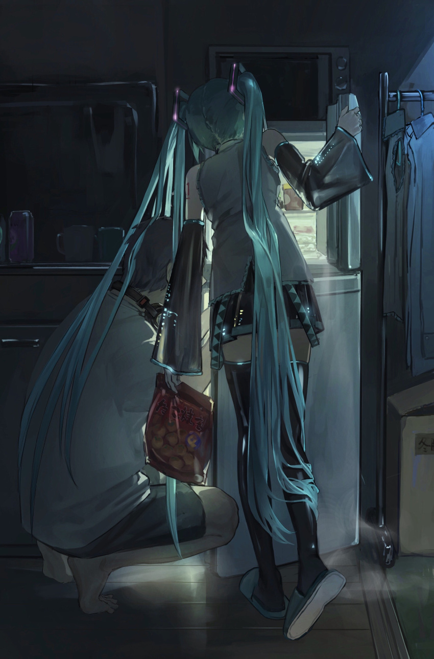 1boy 1girl absurdres aqua_hair aqua_nails black_legwear cupboard darkness detached_sleeves from_behind full_body grey_shirt hataya hatsune_miku headphones headphones_around_neck highres indoors kitchen long_hair microwave refrigerator shirt shorts skirt sleeveless slippers standing thighhighs twintails very_long_hair vocaloid white_shirt