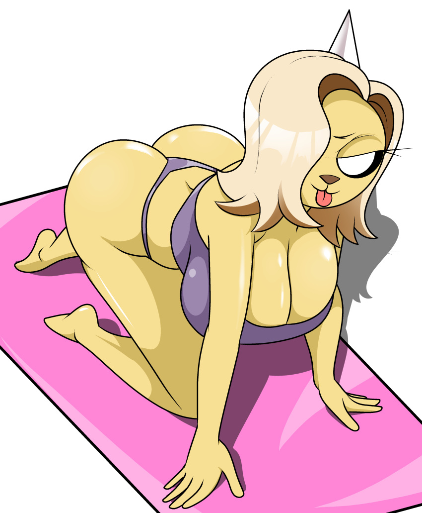 :3 absurd_res adventure_time all_fours anthro big_breasts bikini breasts bronwyn canid canine canis cartoon_network cleavage clothed clothing domestic_dog female hair hair_over_eye hi_res huge_breasts looking_at_viewer mammal one_eye_obstructed simple_background solo swimwear tongue tongue_out wallyroo white_background yoga