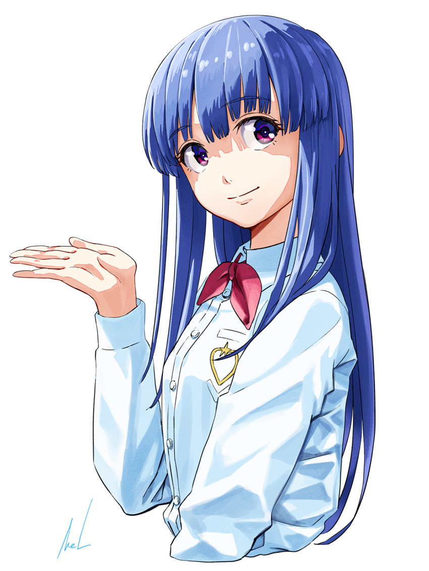 1girl bangs blue_hair blunt_bangs bow bowtie closed_mouth collared_shirt cropped_torso dress_shirt furude_rika highres higurashi_no_naku_koro_ni long_hair long_sleeves looking_at_viewer mac_naut red_bow red_bowtie red_eyes school_uniform shiny shiny_hair shirt signature simple_background smile solo st._lucia_academy_school_uniform straight_hair upper_body very_long_hair white_background white_shirt wing_collar