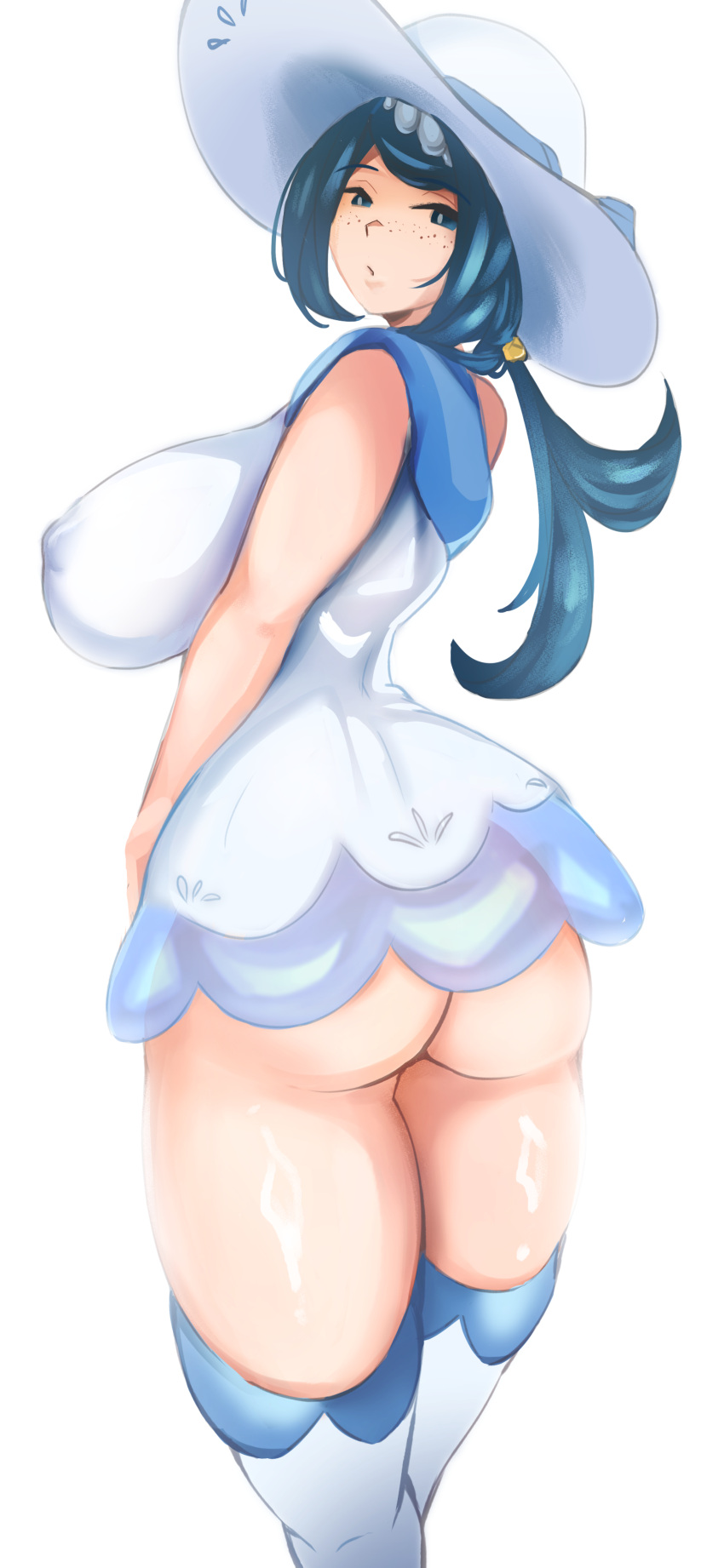 1girl absurdres ass bare_arms blue_eyes blue_hair breasts closed_mouth commentary cosplay covered_nipples dress hat highres huge_breasts lana's_mother_(pokemon) lillie_(pokemon) lillie_(pokemon)_(cosplay) looking_at_viewer neko2k no_panties pokemon pokemon_(anime) pokemon_sm_(anime) solo thighhighs undersized_clothes white_background white_dress white_headwear white_legwear
