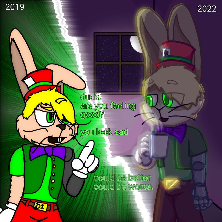 anthro art_improvement belt belt_buckle blonde_hair bottomwear bow_tie buckteeth clothing coffee_mug darlan_bunnit dialogue different_artstyle domestic_rabbit duo dutch_rabbit gloves green_clothing green_eyes green_shirt green_topwear green_vest hair handwear hi_res lagomorph leporid male mammal mug oryctolagus pants past_and_present past_meets_present prosthetic prosthetic_arm prosthetic_limb rabbit red_bottomwear red_clothing red_pants shaded shirt square_crossover teeth text topwear vest whiskers white_clothing white_gloves white_handwear