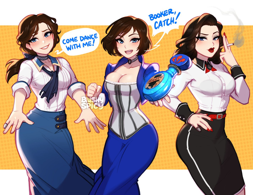 3girls bioshock_(series) bioshock_infinite blue_eyes blushyspicy breasts brown_hair choker cigarette cleavage collared_shirt corset elizabeth_(bioshock_infinite) eyeshadow lips long_hair long_skirt long_sleeves low_ponytail makeup medium_breasts medium_hair multiple_girls nail_polish pencil_skirt red_nails shirt short_hair shrug_(clothing) skirt smile smoking thimble