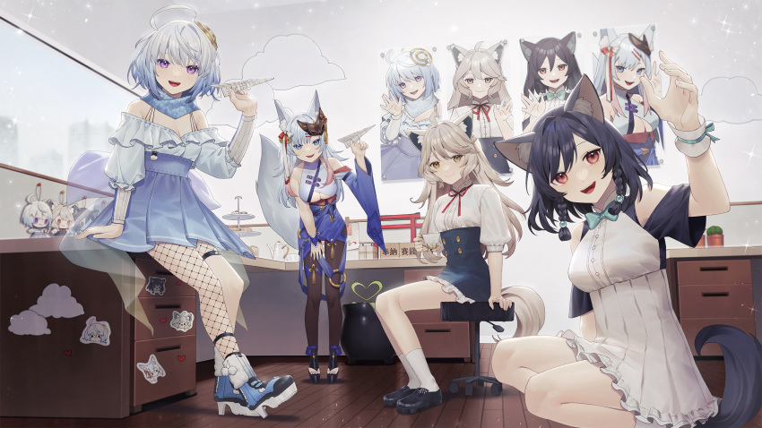 4girls :d ahoge animal_ear_fluff animal_ears black_hair blue_bow blue_bowtie blue_eyes blue_footwear blue_hair blue_scarf blue_skirt boots bow bowtie breasts brown_legwear cactus character_doll cleavage closed_mouth cloud_horizon cup desk fishnet_legwear fishnets fox_ears fox_girl fox_tail frilled_skirt frilled_sleeves frills high-waist_skirt high_heel_boots high_heels highres holding holding_cup holding_paper_airplane kamiina_haruhi large_breasts layered_sleeves leaning_forward light_brown_hair lily_linglan long_hair long_sleeves margaret_(vtuber) multicolored_hair multiple_girls neck_ribbon off-shoulder_shirt off_shoulder paper_airplane plant pleated_skirt poster_(object) potted_plant puffy_short_sleeves puffy_sleeves purple_eyes red_eyes red_ribbon ribbon scarf second-party_source shirt short_hair short_sleeves single_leg_pantyhose sitting skirt smile squatting standing tail toeless_footwear two-tone_hair ubye wenz white_hair white_shirt white_skirt wrist_cuffs yellow_eyes