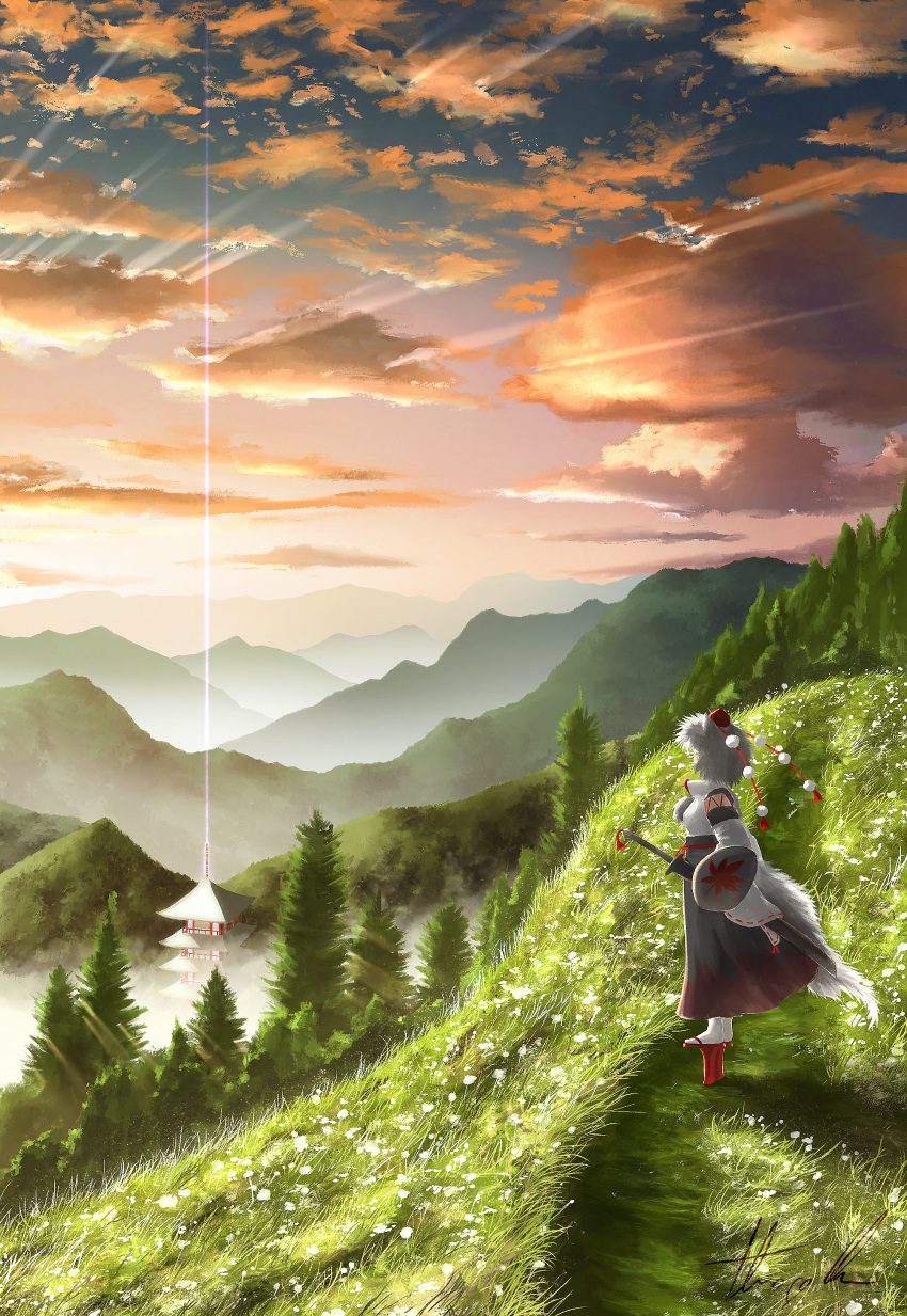 1girl absurdres animal_ears beacon black_skirt building cloud cloudy_sky dappled_sunlight detached_sleeves from_side geta grass hat highres inubashiri_momiji leaf_print light_rays maple_leaf_print mountain mountainous_horizon oubachiago outdoors pom_pom_(clothes) procreate_(medium) scenery shield shirt signature skirt sky socks solo sunlight sunset sword tail tassel tengu-geta tokin_hat touhou tree turtleneck weapon white_hair white_legwear white_shirt wide_sleeves wolf_ears wolf_tail