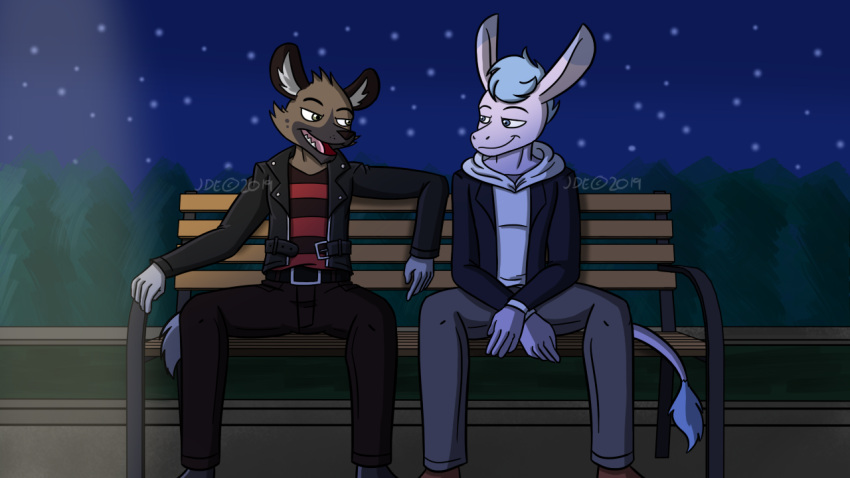 aggressive_retsuko anthro asinus bench biker_jacket clothing donkey duo equid equine haida hoodie hyaenid jde10 male mammal outside sanrio sitting sky star starry_sky tadano_(aggretsuko) topwear