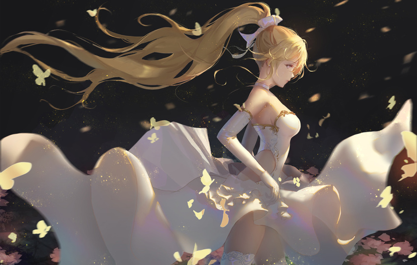 1girl bangs bare_shoulders bianka_durandal_ataegina black_background blonde_hair blue_eyes bow bug butterfly closed_mouth dress elbow_gloves gloves hair_bow honkai_(series) honkai_impact_3rd long_hair ponytail strapless strapless_dress taichi_(yirkorn) thighs white_dress white_gloves white_legwear yellow_butterfly