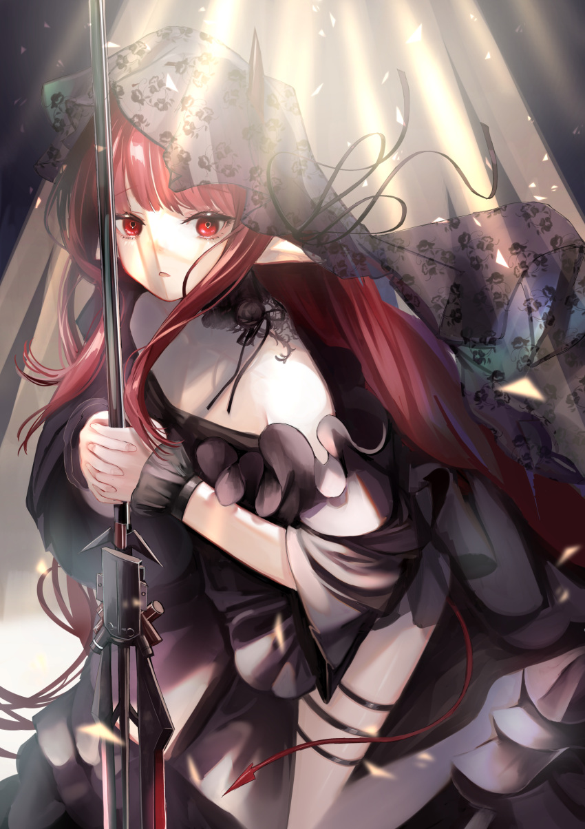 1girl absurdres arknights black_dress demon_girl demon_horns demon_tail dress hemorina highres holding holding_polearm holding_weapon horns horns_through_headwear interlocked_fingers long_hair off-shoulder_dress off_shoulder own_hands_together pointy_ears polearm red_eyes red_hair sidelocks solo tail thigh_strap veins vigna_(arknights) weapon