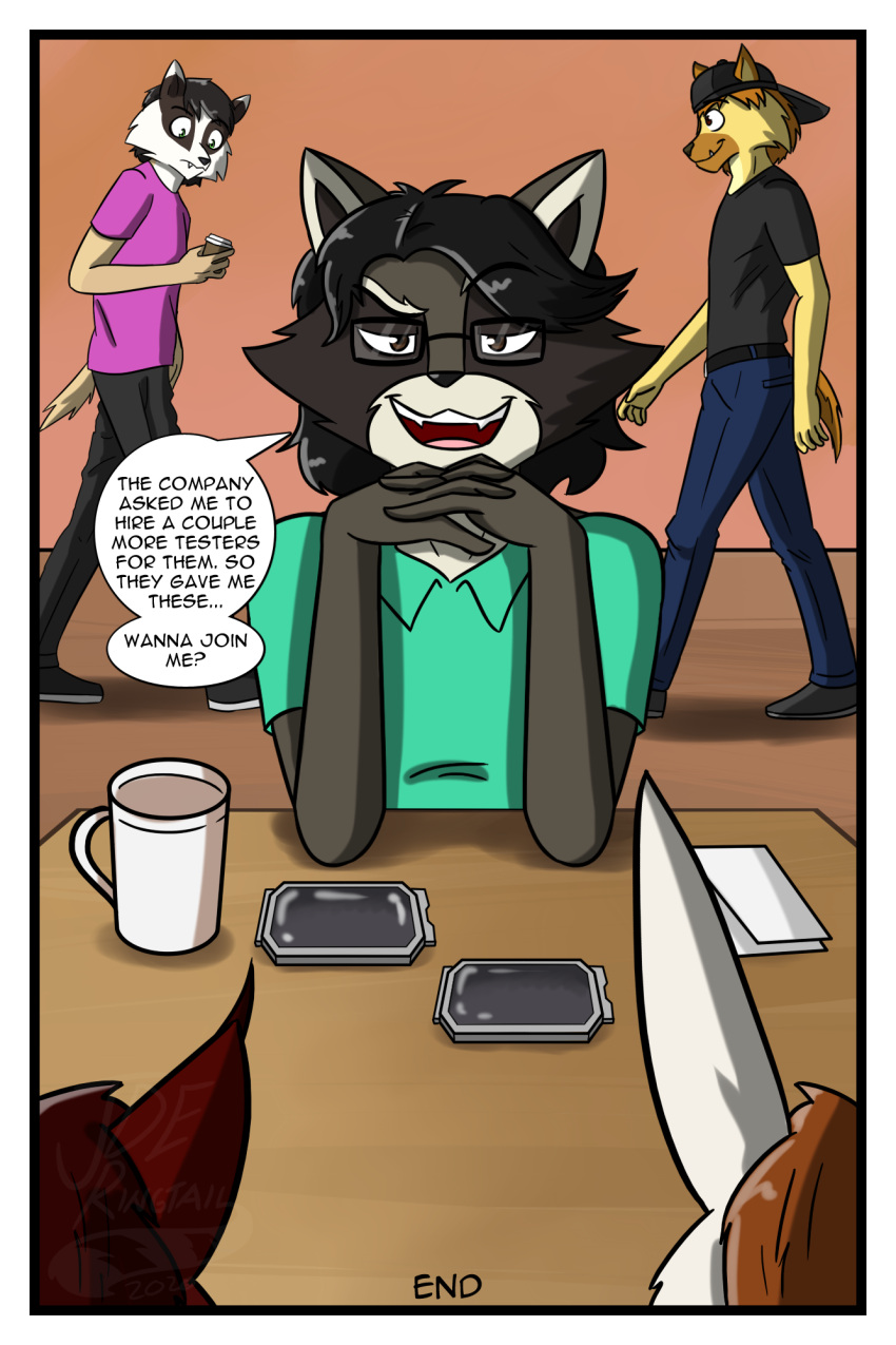 anthro avian badger belt_buckle clothed clothing coffee_mug comic dialogue english_text eyewear felid feline fully_clothed furniture glasses group hi_res jde10 jde_ringtail lagomorph leporid male mammal mustelid musteline procyonid rabbit raccoon sitting table text