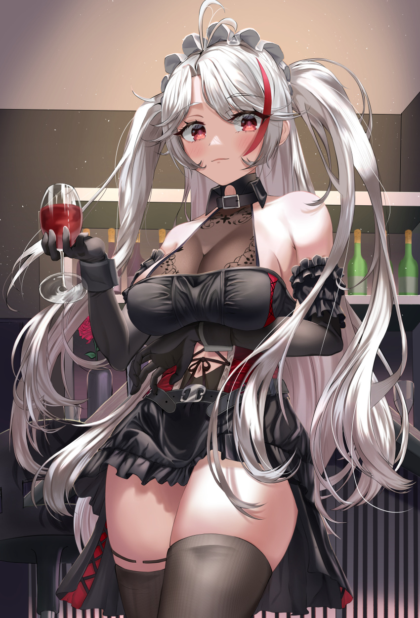 1girl absurdres alcohol apron arm_under_breasts azur_lane bare_shoulders black_gloves black_legwear breasts clothing_cutout cup drinking_glass elbow_gloves gloves halterneck highres indoors large_breasts looking_at_viewer maid maid_apron maid_headdress mins_(pixiv76312998) navel navel_cutout prinz_eugen_(azur_lane) red_eyes thighhighs thighs twintails white_hair wine wine_glass