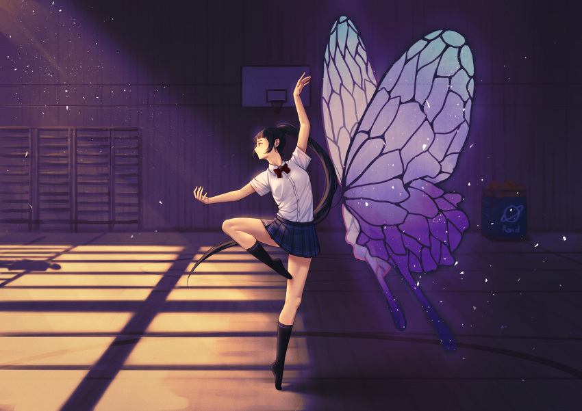 1girl absurdres arm_up ball ballerina ballet bangs bare_arms basket basketball_court basketball_hoop black_hair black_legwear blue_skirt blunt_bangs breasts butterfly_wings collared_shirt dancing detached_wings dress_shirt en_pointe gym high_ponytail highres if_second indoors knee_up kneehighs light_particles light_rays long_hair looking_away miniskirt no_shoes original outstretched_arm plaid plaid_skirt plantar_flexion pleated_skirt ponytail profile purple_theme purple_wings school_uniform shelf shirt shirt_tucked_in short_sleeves sidelocks skirt solo standing standing_on_one_leg very_long_hair white_shirt wide_shot window_shade wings