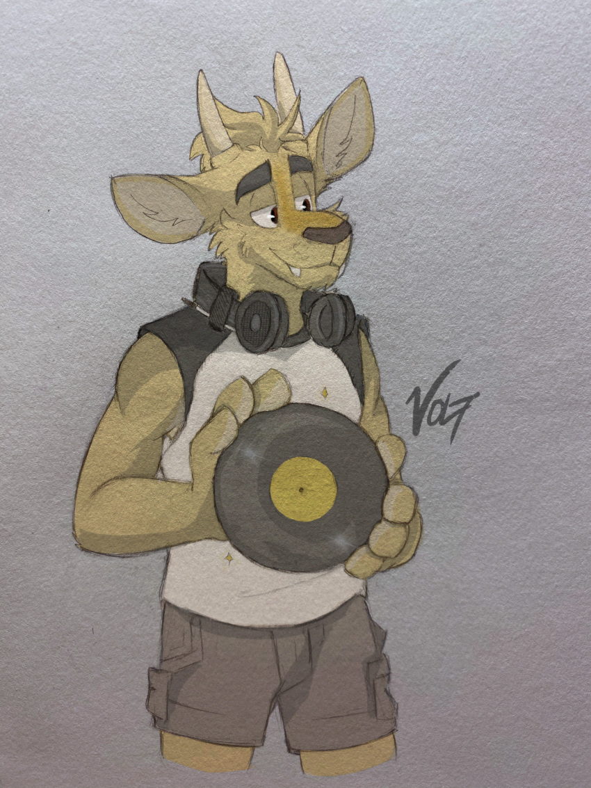 absurd_res anthro bottomwear cervid cervine clothing dj_strap fangs fur headphones headphones_around_neck hi_res horn male mammal muntjac shirt shorts sleeveless_shirt solo topwear vinyl_record voltdraws yellow_body yellow_fur