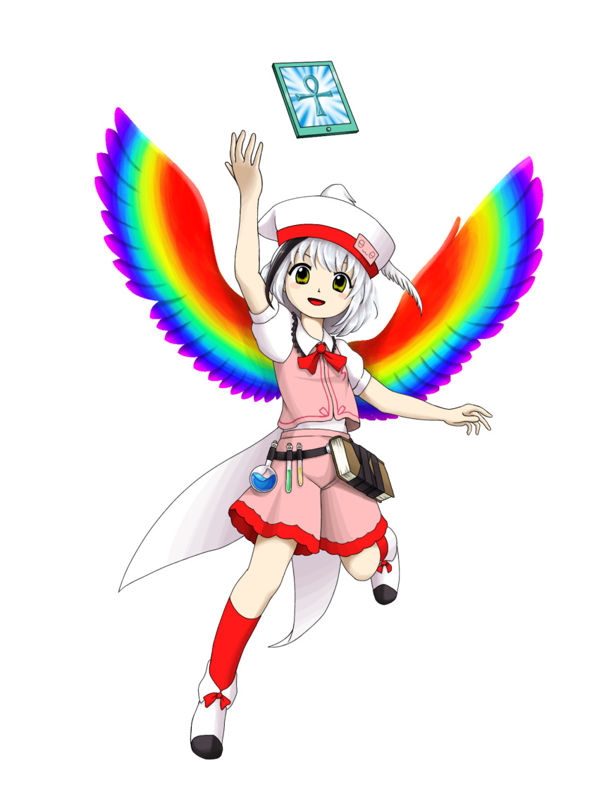 1girl :d ankh arm_up ascot bangs belt black_belt black_hair blush_stickers book coattails collared_shirt feathered_wings flask frilled_shirt_collar frills full_body hat hat_feather highres hollow_song_of_birds leg_up looking_at_viewer monster_reborn multicolored_hair multicolored_wings open_mouth parasite_oyatsu pink_shorts pink_vest potion puffy_short_sleeves puffy_sleeves rainbow_gradient rainbow_wings red_ascot red_legwear red_trim shirt shoes short_hair short_sleeves shorts simple_background smile socks solo spread_wings standing standing_on_one_leg streaked_hair tablet_pc torisumi_horou touhou transparent_background vest vial white_footwear white_hair white_headwear white_shirt wings yellow_eyes zun_(style)