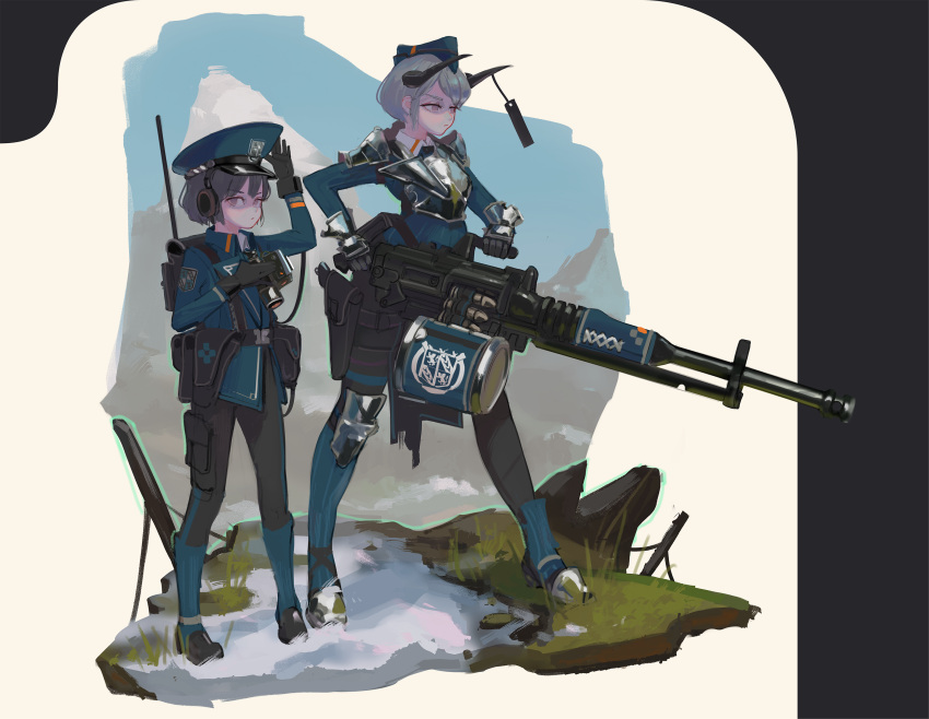 2girls absurdres armor backpack bag black_hair breastplate gatling_gun gau-8 gun hat headset height_difference highres horns looking_at_viewer looking_to_the_side military military_hat military_uniform minigun mountainous_horizon multiple_girls original polilla radio scope short_hair uniform weapon white_background white_hair