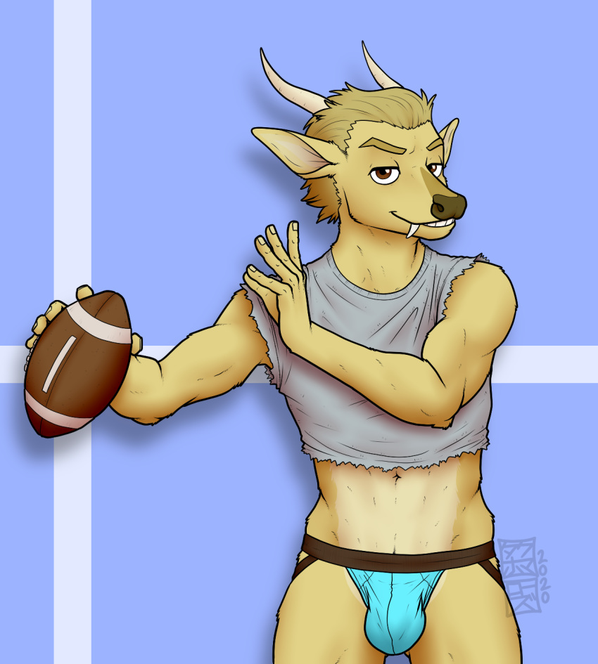 anthro ball brown_eyes bulge cervid cervine clothing crop_top dj_strap fangs football_(ball) fur hi_res horn jockstrap male mammal midriff muntjac shirt solo takhoma_rose topwear underwear yellow_body yellow_fur