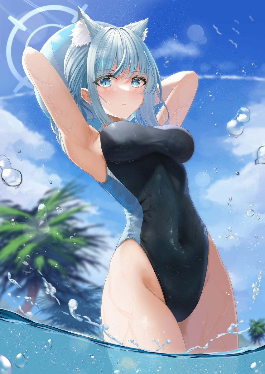 1girl absurdres animal_ear_fluff animal_ears arikawa_rui armpits arms_up ball bare_arms bare_shoulders beachball black_swimsuit blue_archive blue_eyes breasts closed_mouth commentary covered_navel day extra_ears groin halo highleg highleg_swimsuit highres impossible_clothes impossible_swimsuit large_breasts long_hair looking_at_viewer mismatched_pupils one-piece_swimsuit outdoors ponytail shiroko_(blue_archive) shiroko_(swimsuit)_(blue_archive) sidelocks solo standing sunlight swimsuit thighs wading water wet white_hair