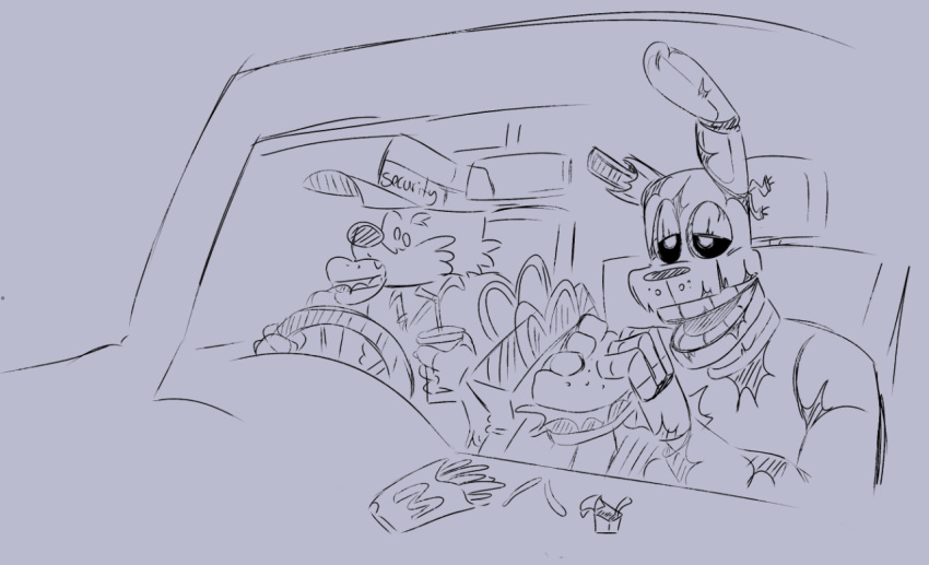 2021 ambiguous_gender animatronic anthro beverage black_sclera burger canid canine canis car clothed clothing digital_drawing_(artwork) digital_media_(artwork) domestic_dog driving duo eating five_nights_at_freddy's five_nights_at_freddy's_3 food food_in_mouth fries fully_clothed hat headgear headwear holding_beverage holding_food holding_object humor inside inside_car lagomorph leporid looking_away machine male mammal mcdonald's notched_ear open_mouth pupils rabbit robot scottgames sitting sketch skkortysoup soda springtrap_(fnaf) vehicle video_games white_pupils wire