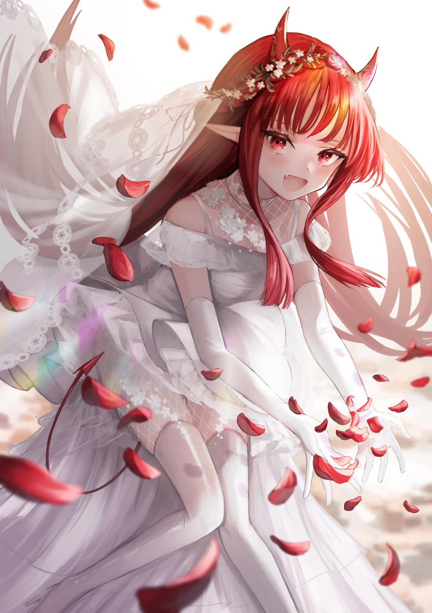 1girl absurdres alternate_costume arknights blush demon_horns dress elbow_gloves fang feet_out_of_frame flower gloves head_wreath hemorina highres horns long_hair looking_at_viewer open_mouth petals pointy_ears red_eyes red_hair sidelocks simple_background sitting skin_fang solo thighhighs vigna_(arknights) wedding_dress white_background white_dress white_flower white_gloves