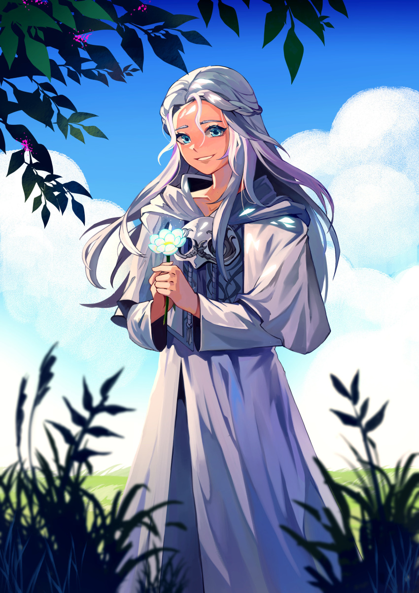 1girl absurdres blue_eyes blue_sky braid capelet cloud collarbone day feet_out_of_frame final_fantasy final_fantasy_xiv flower glowing_flower glowing_petals grass grey_capelet grey_hair grey_robe grin highres holding holding_flower hood hood_down hooded_capelet iceikory leaf long_hair long_sleeves looking_at_viewer mask mask_removed outdoors petals robe single_braid sky smile solo standing venat_(ff14) white_flower wide_sleeves