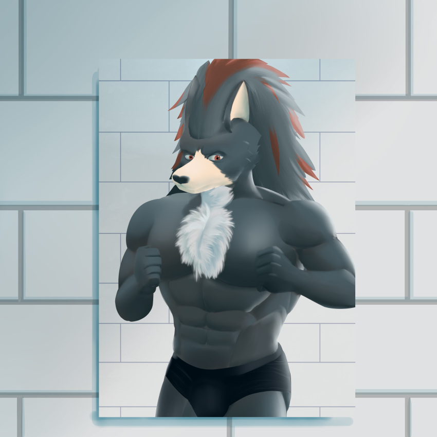 abs absurd_res anthro athletic athletic_male black_body clothing eulipotyphlan gradient_background hair hedgehog hi_res male mammal morinkashi muscular muscular_anthro muscular_male pecs red_eyes red_hair sega shadow shadow_the_hedgehog simple_background solo sonic_the_hedgehog_(series) underwear