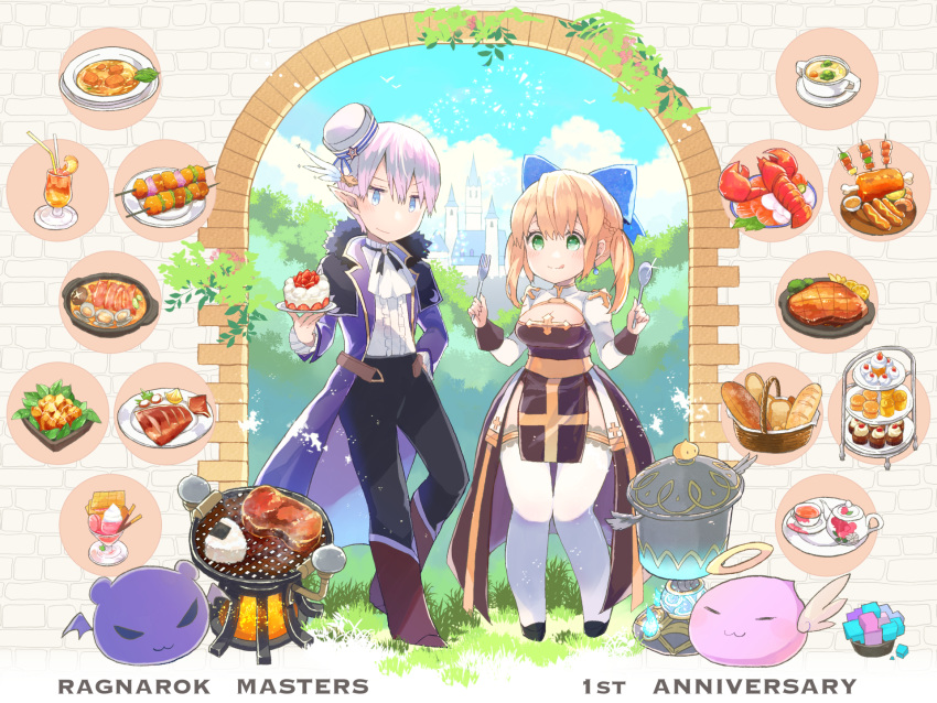 1boy 1girl :3 :q angeling arch_bishop_(ragnarok_online) ascot baguette bangs basket black_footwear black_pants blonde_hair blue_eyes blue_sky blush boned_meat braid bread breasts broccoli cake castle center_frills cheese cleavage cleavage_cutout closed_mouth clothing_cutout cloud coat cocktail commentary_request cross cup curry deviling dress drinking_straw earrings eon_(greencastle) food fork french_braid frilled_legwear frilled_shirt frills fruit full_body green_eyes grill hardboiled_egg high_heels highres holding holding_fork holding_plate holding_spoon ice_cream jewelry juliet_sleeves katsudon_(food) kebab large_breasts lemon lemon_slice lettuce lobster long_sleeves looking_at_viewer meat medium_hair mushroom onigiri onion open_clothes open_coat pants pink_hair plate pointy_ears puffy_sleeves purple_coat ragnarok_masters ragnarok_online sash sausage shirt short_hair sky slime_(creature) smile soup sparkle spoon spring_onion steak strawberry tea teacup teapot thighhighs tongue tongue_out twintails two-tone_dress vegetable waffle white_ascot white_dress white_headwear white_legwear white_shirt yellow_sash