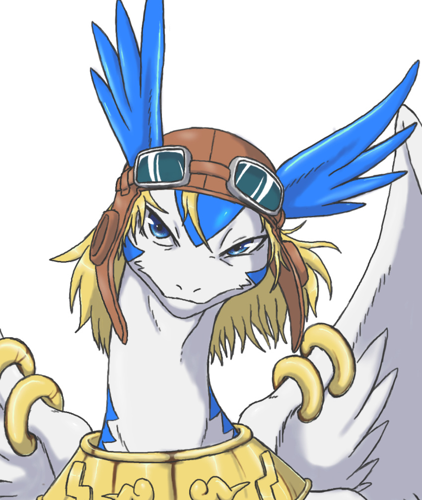 armor blonde_hair blue_eyes collar dragon eyebrows feathered_wings feathers flight_goggles flight_helmet furgonomics furry-specific_piercing hair headgear helmet hi_res legendz looking_at_viewer male piercing raised_eyebrow shiron simple_background solo tarian white_background wing_piercing wings