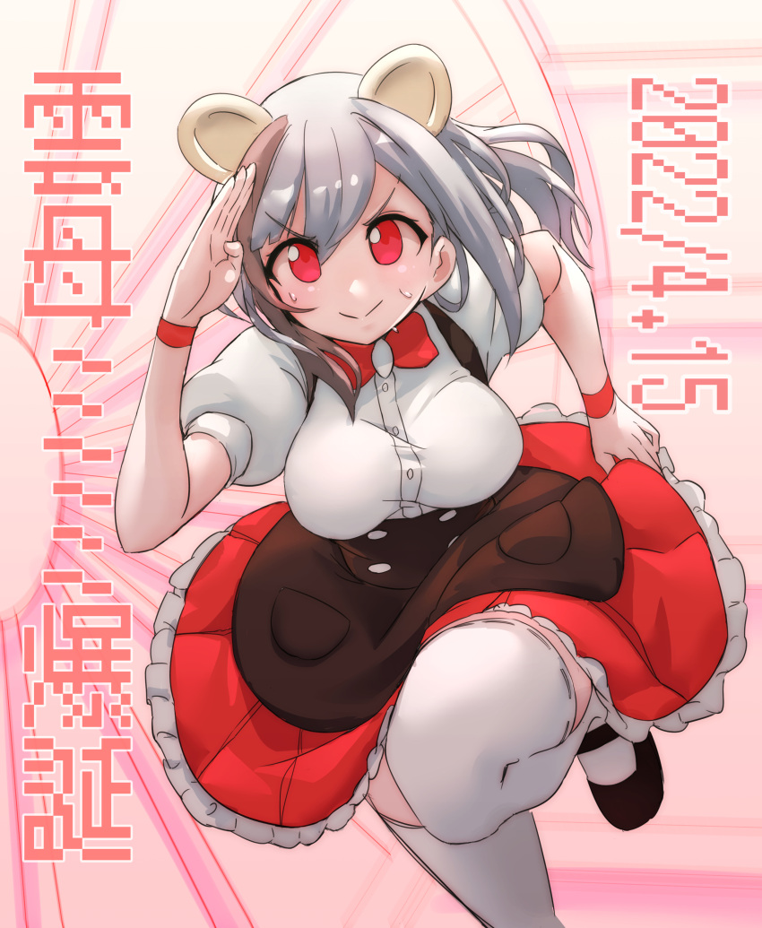 1girl absurdres animal_ears breasts closed_mouth grey_hair hamster_ears highres indie_virtual_youtuber kirara_mimi large_breasts lowlandgorilla multicolored_hair red_eyes running short_sleeves smile solo split_mouth streaked_hair sweat thighhighs v-shaped_eyebrows virtual_youtuber