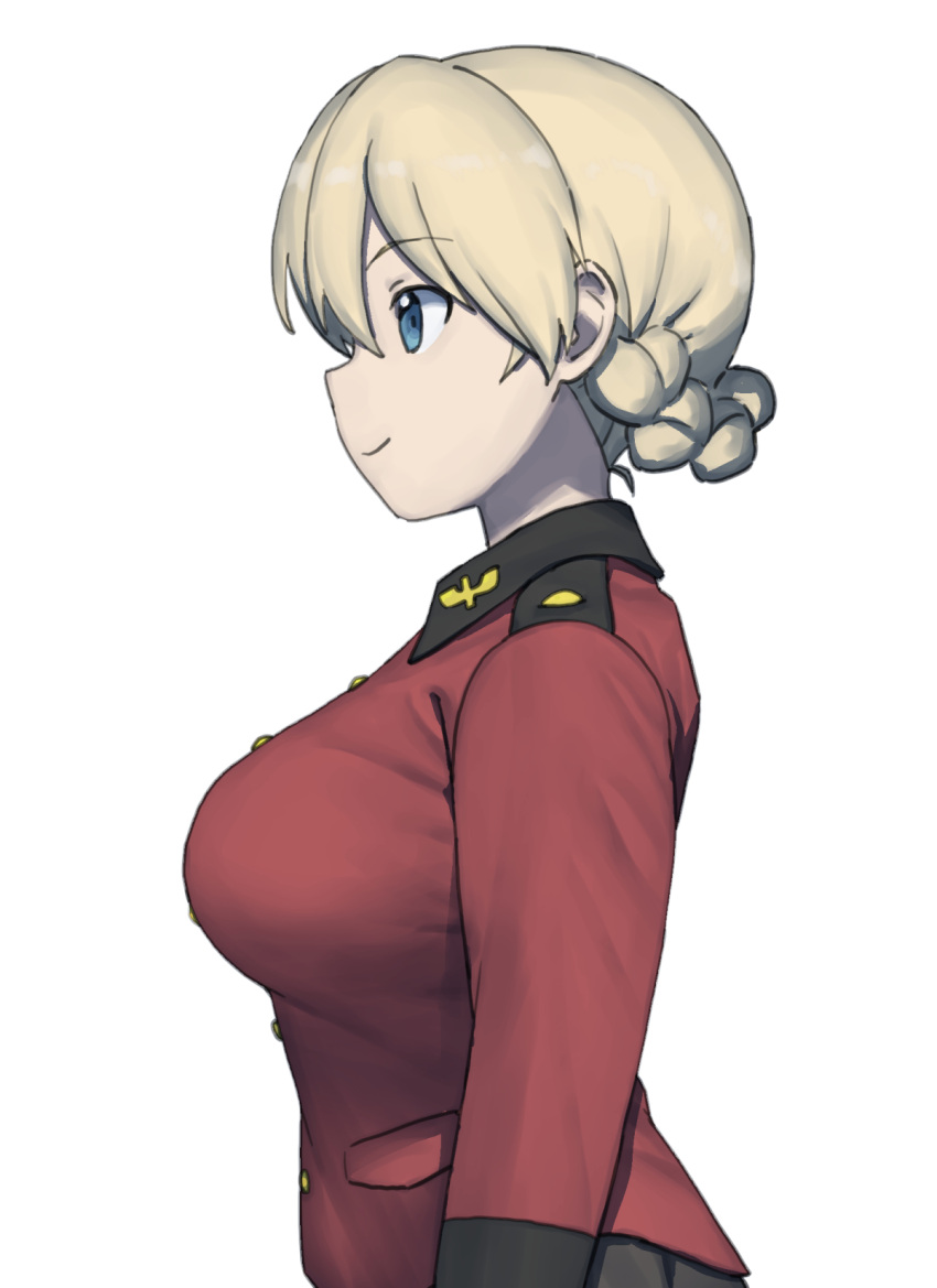 1girl bangs blonde_hair blue_eyes braid breasts buttons closed_mouth darjeeling_(girls_und_panzer) from_side girls_und_panzer highres jacket large_breasts long_sleeves onsen_tamago_(hs_egg) red_jacket short_hair simple_background smile solo st._gloriana's_military_uniform upper_body white_background