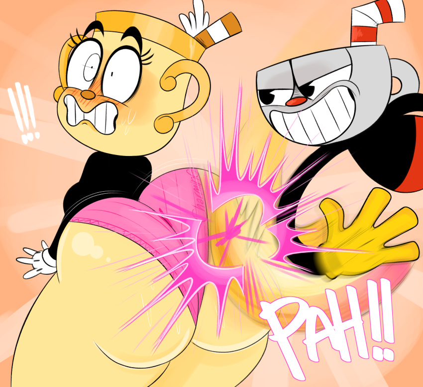 4_fingers big_butt black_clothing black_eyebrows black_eyelashes black_eyes black_shirt black_topwear blush blush_lines bodily_fluids bottomwear breasts butt butt_jiggle butt_slap clenched_teeth clothing container cup cuphead_(character) cuphead_(game) duo exclamation_point eyebrows eyelashes female fingers flustered for_a_head glistening glistening_butt gloves goblet grey_body grin handle handles handwear hi_res huge_butt humanoid jiggling long_sleeves male milk mischievous mischievous_smile ms._chalice narrowed_eyes object_head onomatopoeia orange_nose ota_(artist) panties pants pink_clothing pink_panties pink_underwear rear_view red_bottomwear red_clothing red_nose red_pants shirt side_boob simple_background slap smile sound_effects spanking standing straw surprise sweat sweatdrop sweaty_butt tan_background teeth teeth_showing text thick_eyebrows thick_thighs toony_eyes topwear underwear video_game_mechanics video_games white_clothing white_gloves white_handwear wide_eyed wide_hips yellow_body yellow_clothing yellow_gloves yellow_handwear