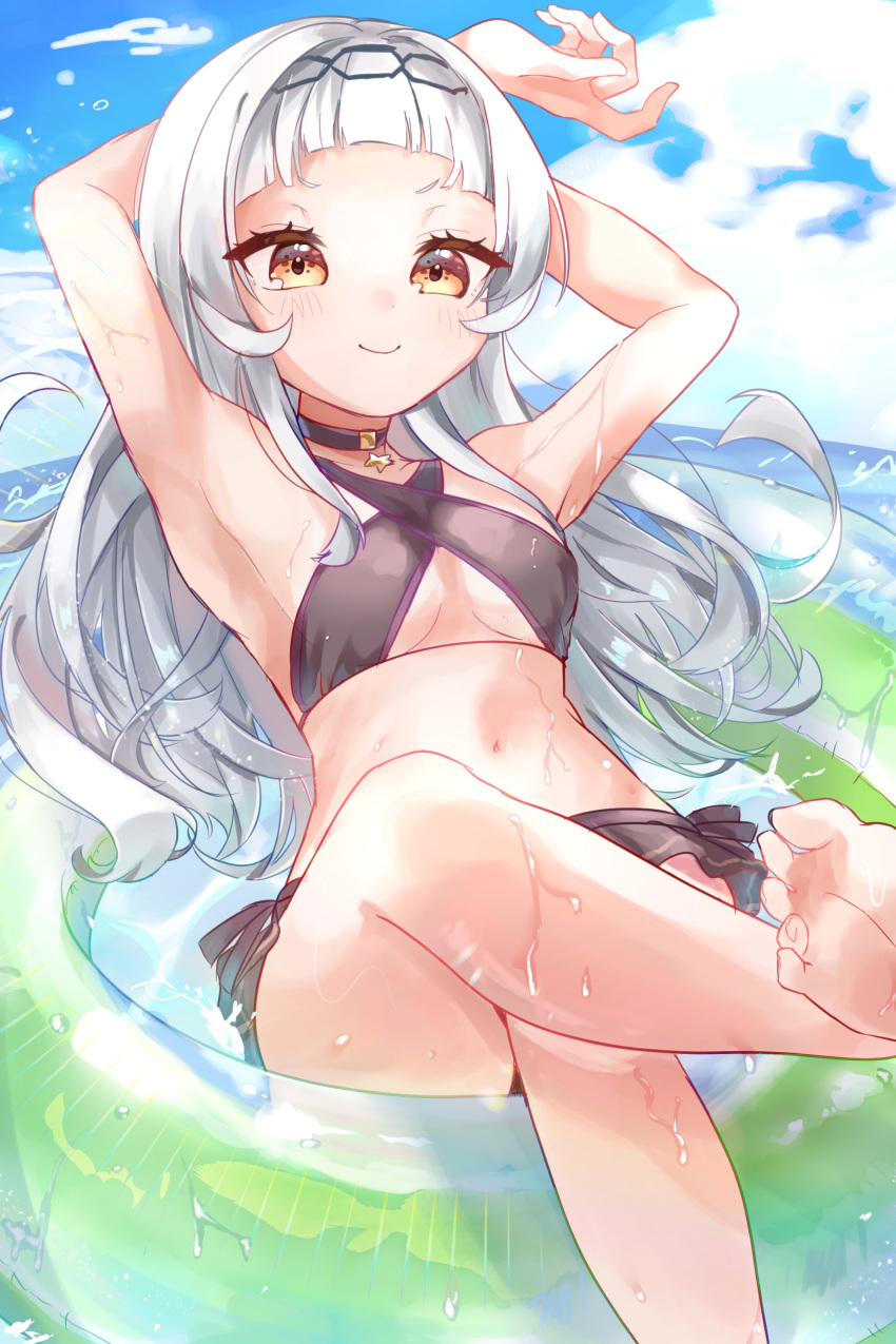 1girl absurdres armpits arms_up bad_feet bangs barefoot bikini black_bikini blue_sky blunt_bangs blurry blurry_background blush breasts choker closed_mouth cloud cloudy_sky eyelashes foot_out_of_frame foot_up grey_hair halterneck highres hololive innertube leaning_back long_hair looking_at_viewer murasaki_shion navel official_alternate_costume orange_eyes outdoors short_eyebrows side-tie_bikini sidelocks sika_sikabiimu sitting sky small_breasts smile solo stomach swimsuit thighs underboob virtual_youtuber water wet