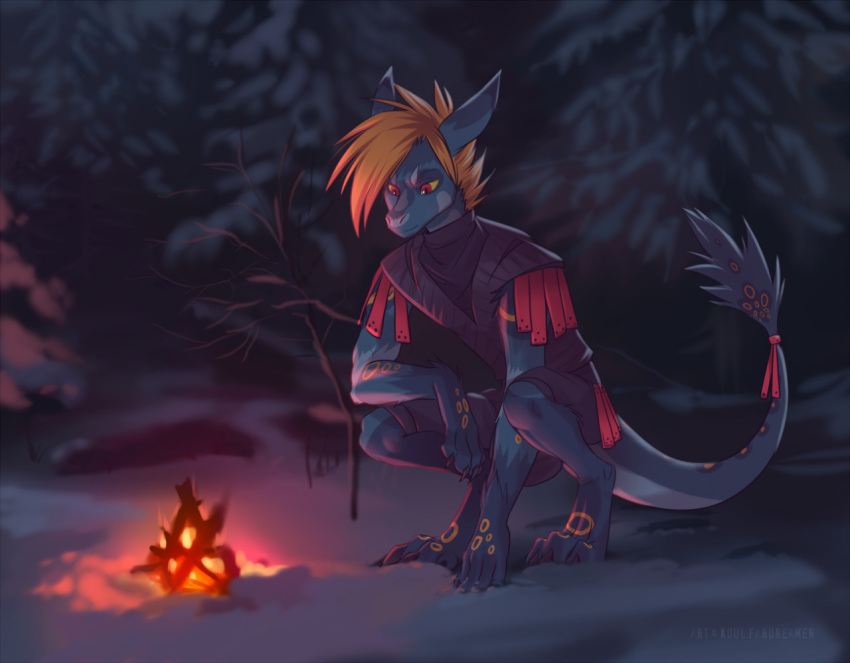 2022 4_toes 5_fingers anthro clothed clothing detailed_background digital_media_(artwork) dragon feet fingers fire hair koul male night orange_hair outside red_eyes smile snow solo toes wingless_dragon