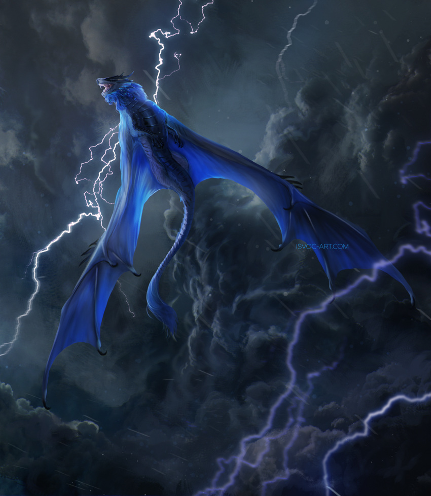 2022 ambiguous_gender blue_body blue_hair blue_scales claws detailed_background digital_media_(artwork) dragon feral flying hair hi_res horn isvoc lightning membrane_(anatomy) membranous_wings night open_mouth outside raining scales scalie solo teeth tongue western_dragon wings