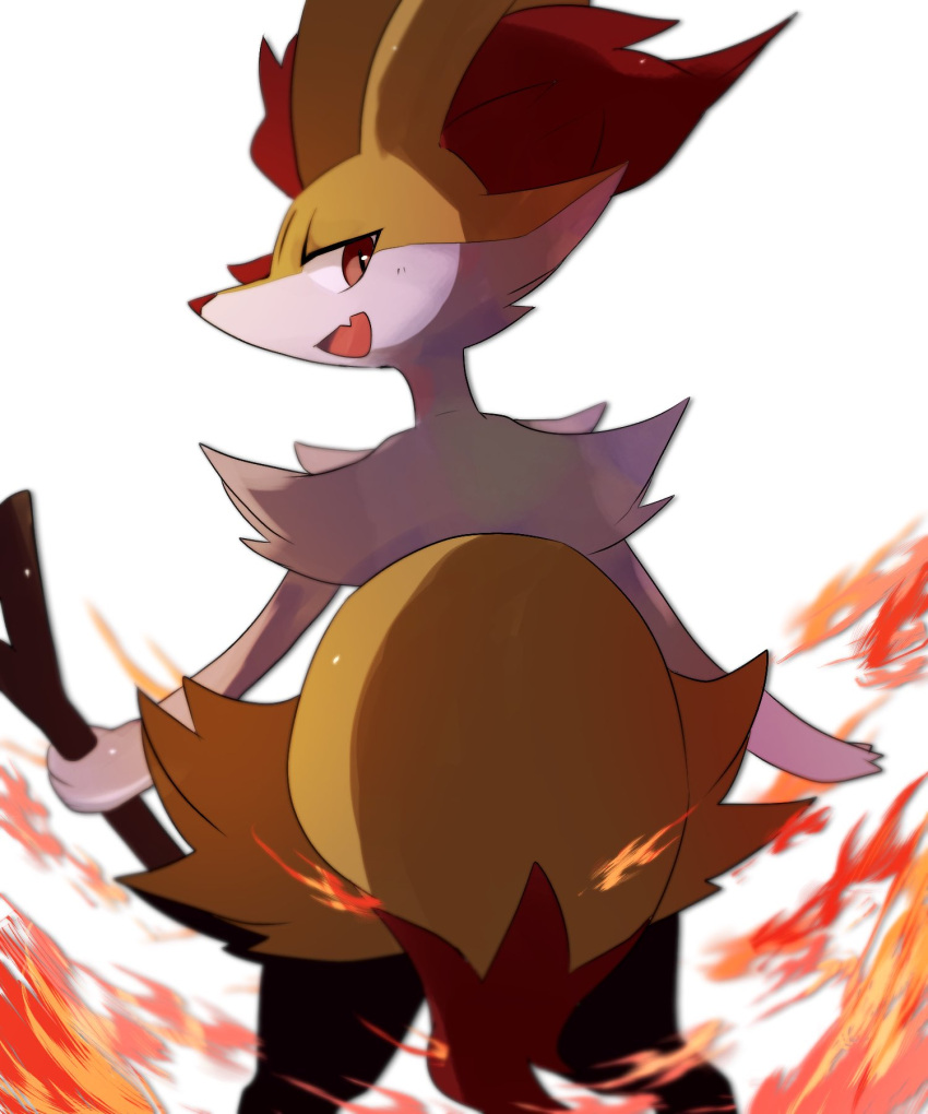 animal_ear_fluff animal_ears animal_nose arms_at_sides black_fur blurry braixen depth_of_field fang feet_out_of_frame fire fox_ears fox_tail from_behind furry highres holding holding_stick kou11021301 looking_at_viewer looking_back multicolored_fur open_mouth pokemon red_eyes red_fur red_nose skin_fang slit_pupils smile solo stick symbol-only_commentary tail tsurime white_background white_fur yellow_fur