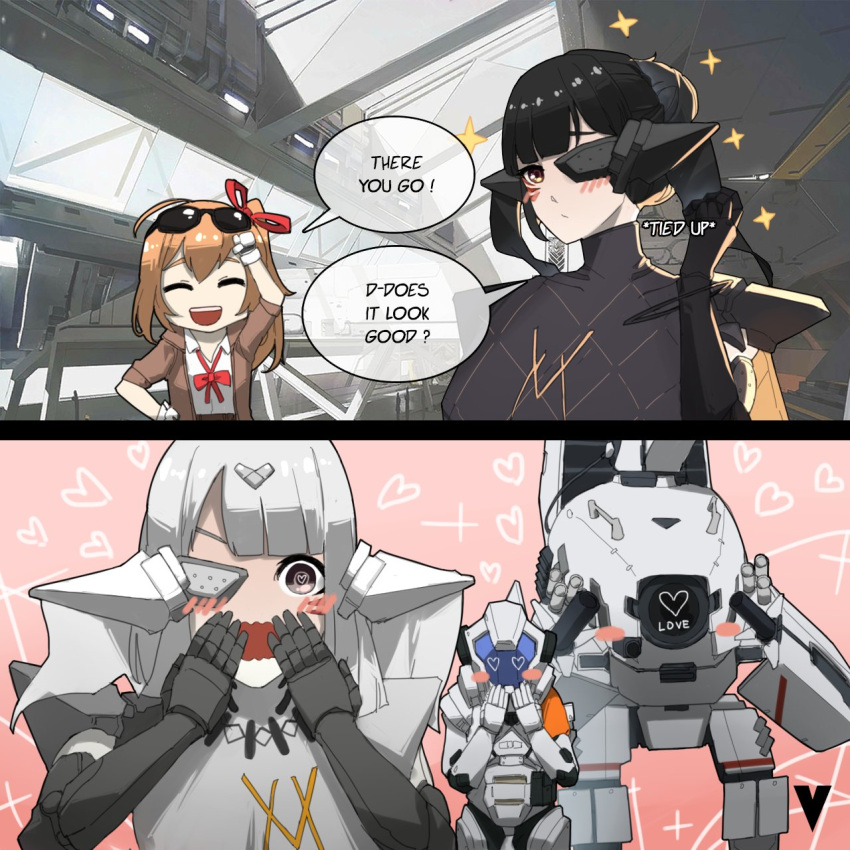 1other 3girls bangs black_dress black_hair blunt_bangs blush closed_mouth doppelsoldner_(girls'_frontline) dress embarrassed english_commentary english_text eyewear_on_head girls'_frontline gloves hair_between_eyes hair_ornament hair_ribbon headgear heart heart-shaped_eyes highres indoors kalina_(girls'_frontline) long_hair looking_at_viewer mecha multiple_girls nyto_(girls'_frontline) nyto_adeline_(girls'_frontline) nyto_alina_(girls'_frontline) open_mouth orange_hair paradeus power_armor ribbon robot shirt smile speech_bubble strelet_(girls'_frontline) sunglasses upper_body variasii weapon white_gloves white_hair white_shirt