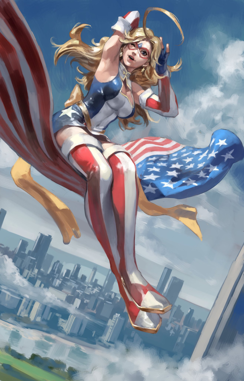 1girl american_flag american_flag_legwear american_flag_print arm_up armpits bare_shoulders blonde_hair blue_eyes blush boots breasts charlotte_vanders city cityscape cleavage clenched_hand commentary cover_image covered_nipples domino_mask elbow_gloves english_commentary fingerless_gloves flag flag_print flying gloves highres junny kamen_america kamen_america_(comic) large_breasts lips long_hair mask official_art one_eye_closed panties print_footwear red_legwear sash scarf signature smile solo striped striped_legwear superhero thick_thighs thigh_boots thighhighs thighs toned underwear yellow_sash