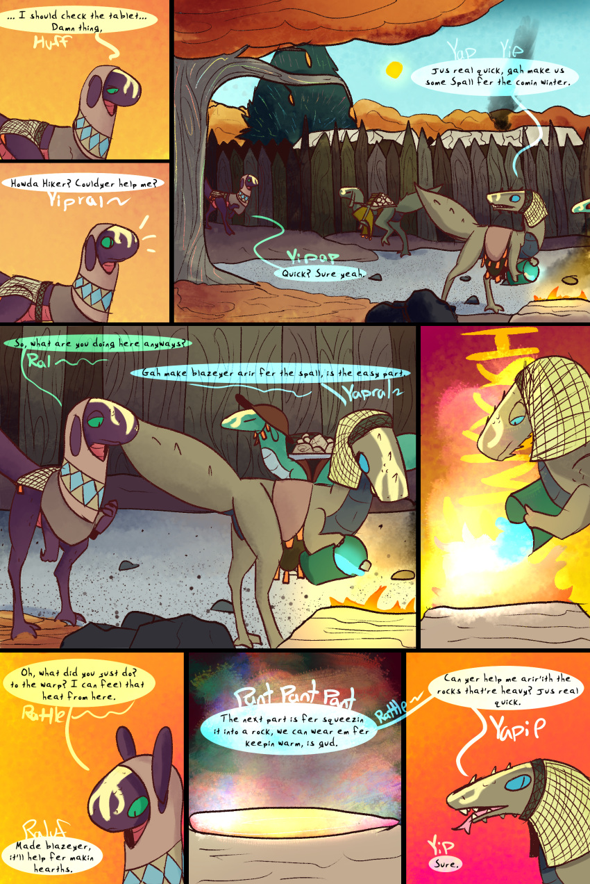 absurd_res comic desert dinosaur dragon dragonscape drekir dromaeosaurid duo elemental_manipulation female feral fire fire_manipulation hi_res magic male oli_(thepatchedragon) plant post-apocalyptic reptile scalie spur_(thepatchedragon) text thepatchedragon theropod tree tribal tribal_clothing