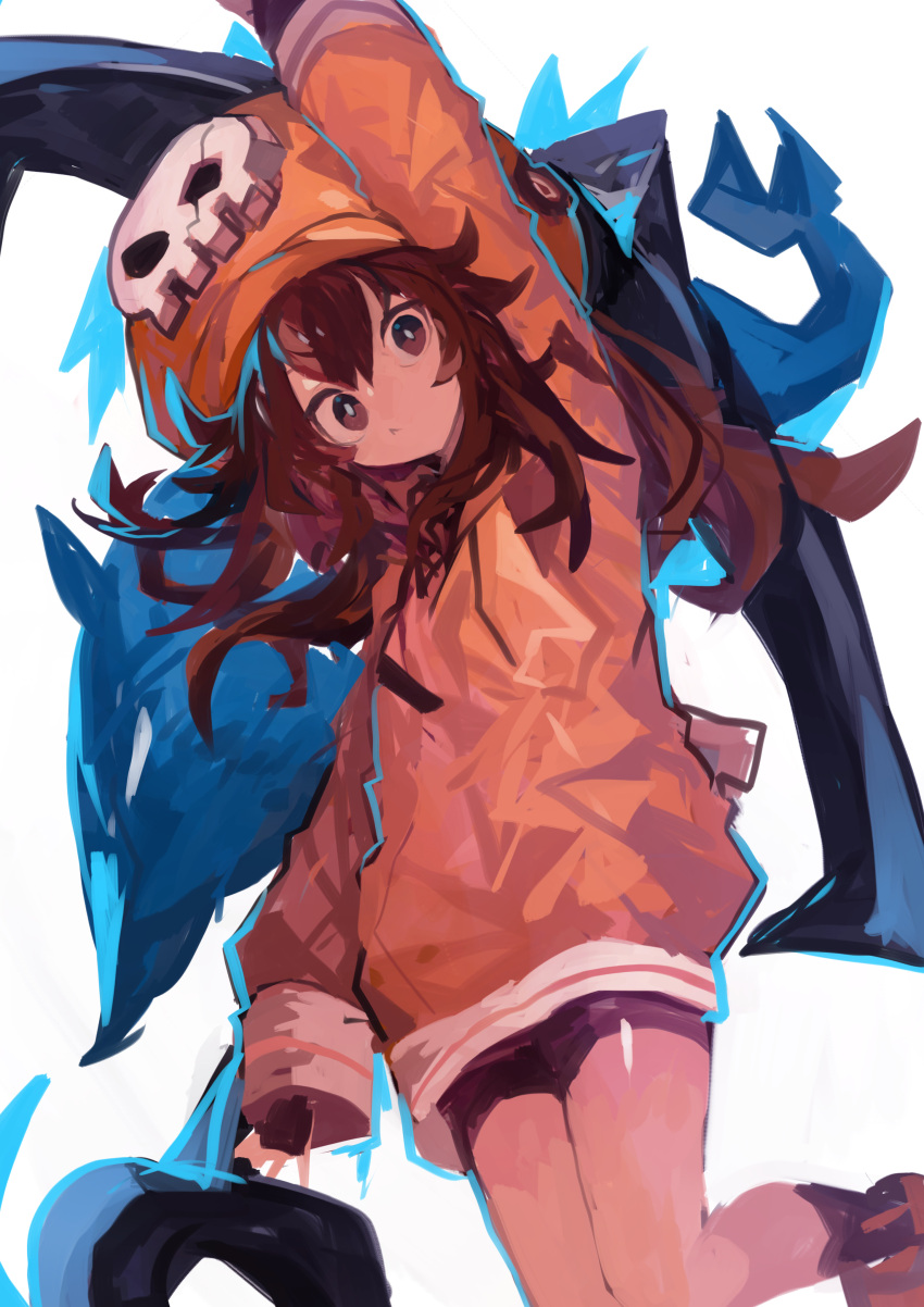 1girl absurdres anchor bike_shorts dolphin guilty_gear guilty_gear_strive hat highres holding holding_anchor hood hoodie kaamin_(mariarose753) looking_at_viewer may_(guilty_gear) orange_footwear orange_headwear orange_hoodie pirate_hat skull_and_crossbones solo white_background