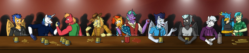 anthro arm_wrestling avian big_macintosh_(mlp) bottle braeburn_(mlp) cloak clothing cowboy_hat double_diamond_(mlp) earth_pony equid equine eyewear father father_and_child father_and_son firelight_(mlp) fist_bump flash_sentry_(mlp) friendship_is_magic gallus_(mlp) gesture glasses group gryphon hat headgear headwear hi_res horn horse jde10 long_image male mammal mug my_little_pony mythological_avian mythology parent parent_and_child pegasus pony sandbar_(mlp) shining_armor_(mlp) soarin_(mlp) son sunburst_(mlp) thunderlane_(mlp) topwear unicorn vest wide_image widescreen wings wonderbolts_(mlp)