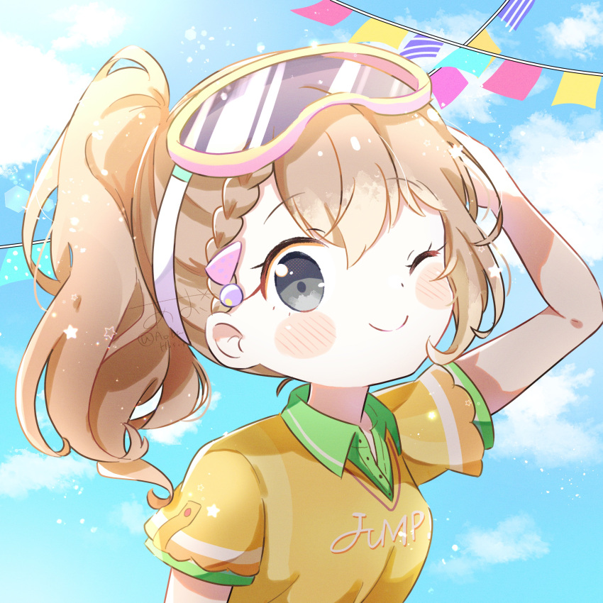 1girl ;) absurdres adjusting_goggles aobahosino arm_at_side backlighting bangs blue_sky blurry blush_stickers bokeh braid breasts brown_hair buttons clothes_writing cloud cloudy_sky collared_shirt day depth_of_field dot_nose eyelashes goggles goggles_on_head green_shirt grey_eyes hair_between_eyes hair_ornament hairclip hanasato_minori hand_up head_tilt high_ponytail highres jersey light_blush light_particles one_eye_closed outdoors project_sekai shirt short_sleeves single_horizontal_stripe single_sidelock sky small_breasts smile solo star_(symbol) string_of_flags sunlight swept_bangs tareme upper_body