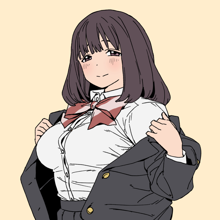 1girl akebi-chan_no_serafuku black_jacket black_skirt breasts brown_eyes brown_hair buttons highres jacket medium_breasts onsen_tamago_(hs_egg) open_clothes open_jacket roubai_academy_school_uniform_(new) shijou_riona shirt simple_background skirt solo undressing upper_body white_shirt yellow_background