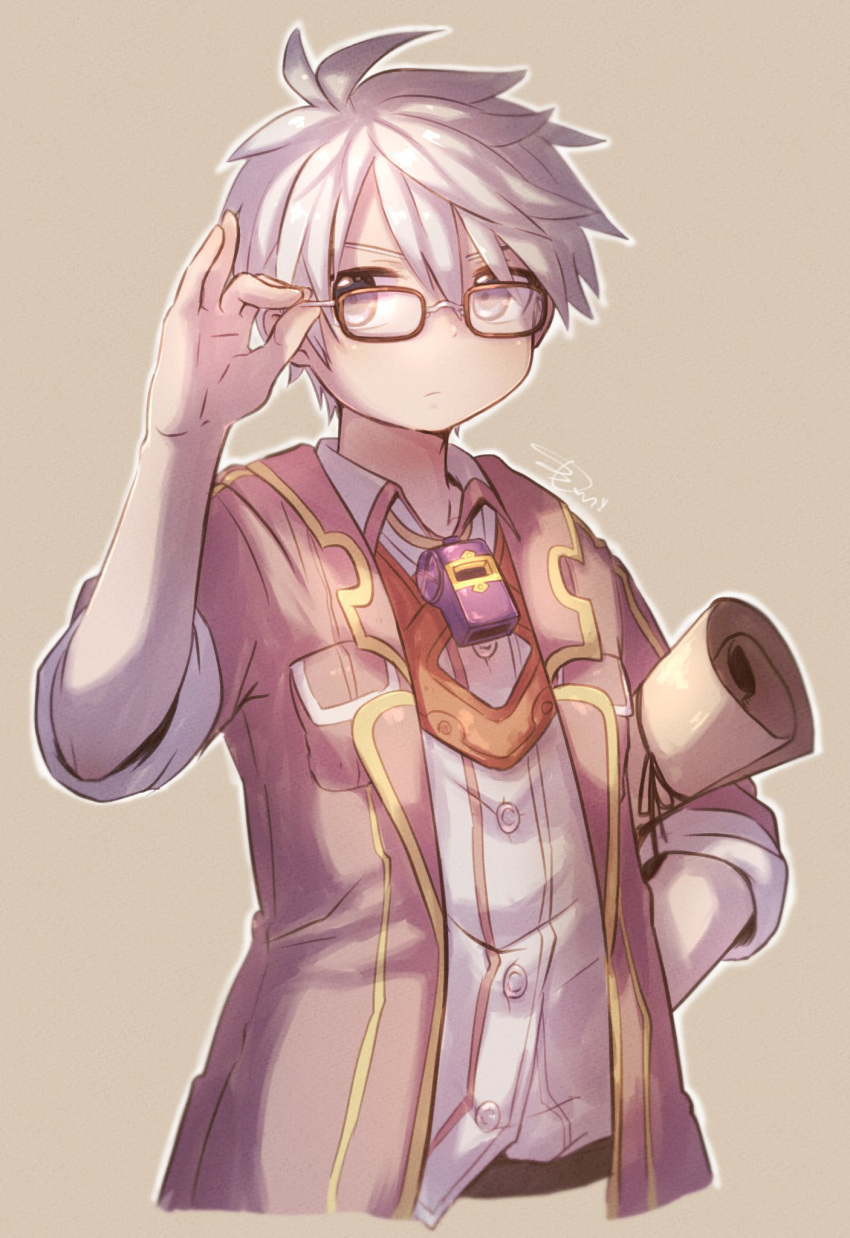 1boy adjusting_clothes adjusting_headwear bandam breast_pocket brown_jacket closed_mouth collared_shirt cowboy_shot cropped_legs dress_shirt expressionless glasses grey_background grey_hair highres jacket jiruo_(made_in_abyss) long_hair looking_at_viewer made_in_abyss male_focus open_clothes open_jacket outline pocket scroll shirt short_hair signature simple_background sleeves_rolled_up solo whistle whistle_around_neck white_outline white_shirt